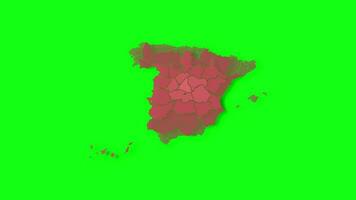 Politic map of Spain appears and disappears in red colors isolated on green screen or chroma key background. Spain map showing different divided states. State map. video