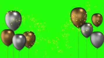 Golden and silver balloons frame with golden glowing confetti on green screen or chroma key. Balloons frame floating and going up. Golden and silver colored balloons rising and swaying in the air. video