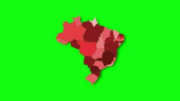 diplomático mapa de Brasil aparece y desaparece en rojo colores aislado en verde pantalla o croma llave antecedentes. Brasil mapa demostración diferente dividido estados estado mapa. video