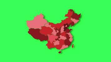 politique carte de Chine apparaît et disparaît dans rouge couleurs isolé sur vert écran ou chrominance clé Contexte. Chine carte montrant différent divisé États. Etat carte. video
