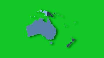 Politic map of Oceania appears and disappears in blue colors isolated on green screen or chroma key background. Oceania map showing different countries. Continent map video