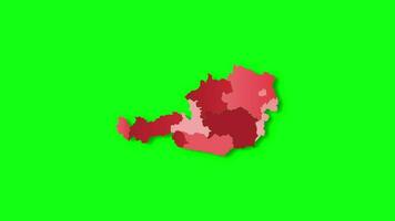 politiek kaart van Oostenrijk verschijnt en verdwijnt in rood kleuren geïsoleerd Aan groen scherm of chroma sleutel achtergrond. Oostenrijk kaart tonen verschillend verdeeld staten. staat kaart. video