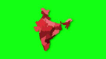 politisch Karte von Indien erscheint und verschwindet im rot Farben isoliert auf Grün Bildschirm oder Chroma Schlüssel Hintergrund. Indien Karte zeigen anders geteilt Zustände. Zustand Karte. video