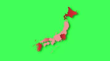 político mapa do Japão parece e desaparece dentro vermelho cores isolado em verde tela ou croma chave fundo. Japão mapa mostrando diferente dividido estados. Estado mapa. video