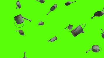 Watering cans background. Falling metal watering cans over green screen or chroma key. Rain of watering cans across the screen. video