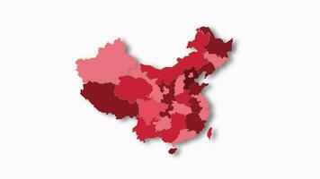 Politic map of China appears and disappears in red colors isolated on alpha channel background. China map showing different divided states. State map. video