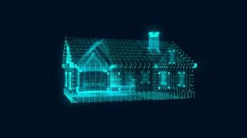 giratorio 3d casa modelo con plexo efecto, geométrico líneas y triangular formas con puntos en oscuro azul antecedentes. inteligente casa concepto video