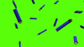 Lighters or cigarette lighters background. Falling lighters over green screen or chroma key. Rain of lighters across the screen video