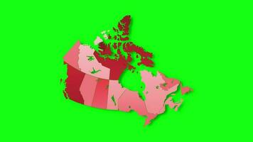 diplomático mapa de Canadá aparece y desaparece en rojo colores aislado en verde pantalla o croma llave antecedentes. Canadá mapa demostración diferente dividido estados estado mapa. video