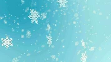 Magic snowflakes and snowfall over skyblue abstract gradient background. Snowflakes and snow storm landscape. Snow sky white background video