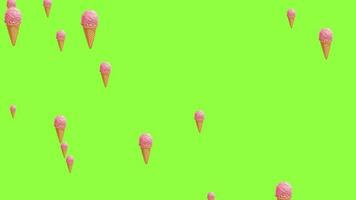 Strawberry ice cream falling on green screen. Delicious ice cream across the screen. Rain of a lot of ice cream video