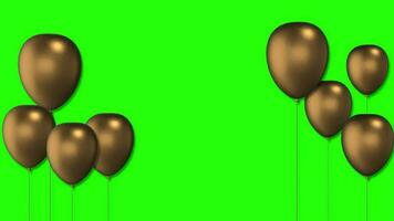 Golden balloons frame floating on green screen or chroma key. Golden balloons flying and going up. Balloons rising in the air. Balloons swaying in the wind video