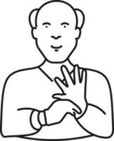 Bald man holding gloves icon in black line art. vector