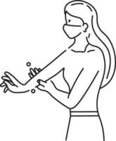 Black line art illustration of Wearing face mask woman with washing hand wrist icon. vector