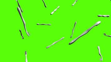 Toothbrushes background. Falling toothbrushes over green screen or chroma key. Rain of toothbrushes across the screen video