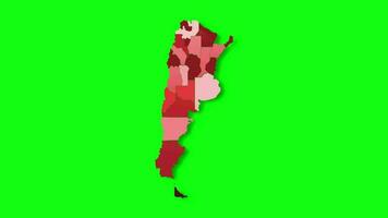 politiek kaart van Argentinië verschijnt en verdwijnt in rood kleuren geïsoleerd Aan groen scherm of chroma sleutel achtergrond. Argentinië kaart tonen verschillend verdeeld staten. staat kaart video