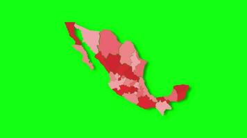 diplomático mapa de mexico aparece y desaparece en rojo colores aislado en verde pantalla o croma llave antecedentes. mexico mapa demostración diferente dividido estados estado mapa. video