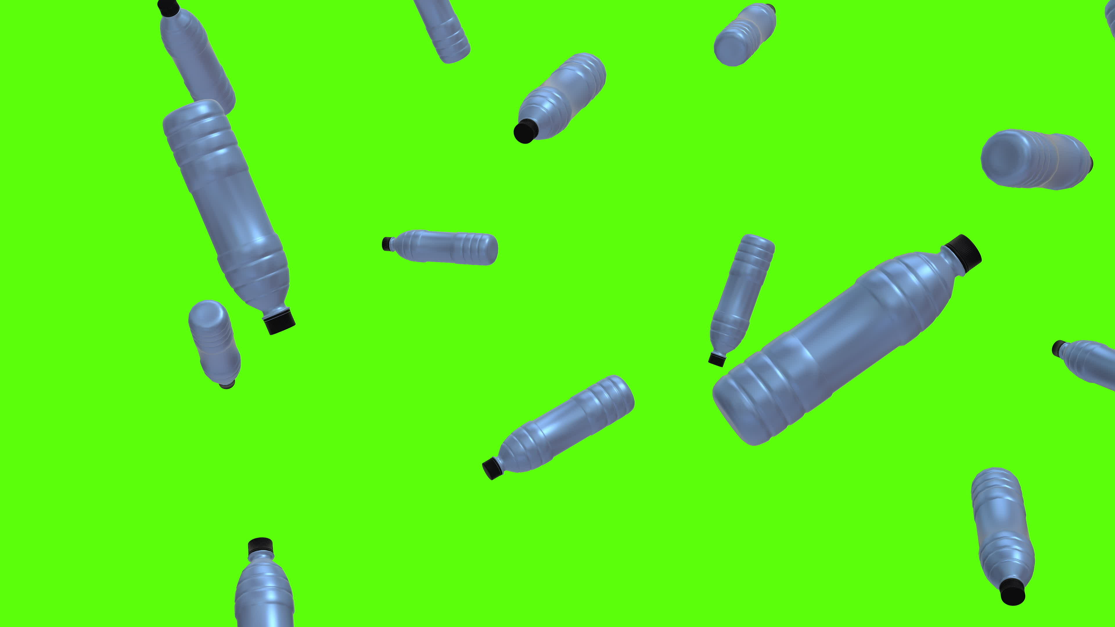 Water bottles background. Falling water bottles over green screen or