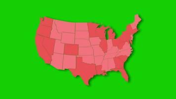 diplomático mapa de unido estados de America aparece y desaparece en rojo colores aislado en verde pantalla o croma llave antecedentes. Estados Unidos mapa demostración diferente estados estado mapa. video