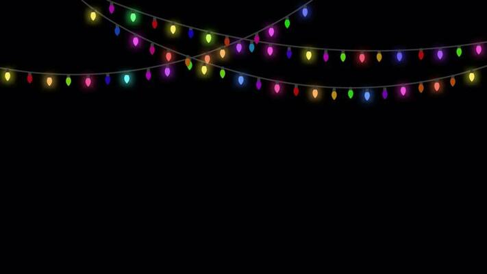 Colorful string of glowing blinking light bulbs. Lamps hang from the top  over alpha channel. Light show for christmas or new year celebration