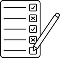 cuestionario papel cheque con bolígrafo icono en negro describir. vector