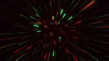 coloré néon infini lignes sur rouge Contexte. vert et rose abstrait Contexte. la vitesse de lumière dans galaxie, néon embrasé des rayons dans mouvement. video