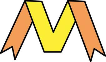 M Alphabet Ribbon Icon In Orange And Yellow Color. vector