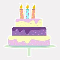 Colorful Burning Candles In Three Layer Cake Sticker. vector