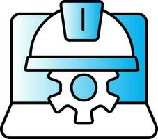 Helmet With Cogwheel In Laptop Screen Blue And White Icon. vector