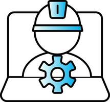 Engineer In Laptop Screen Blue And White Icon. vector