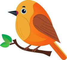 Orange And Brown Bird Sitting On Branch In Flat Style. vector