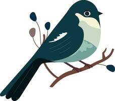 Cute Blue Bird Sitting On Floral Branch Icon In Flat Style. vector