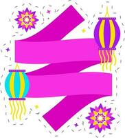 Happy Diwali Message Ribbon With Hanging Kandeel Lanterns And Flowers On White Background. vector