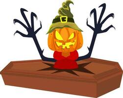 Halloween Character Of Zombie Pumpkin Man Comes Out Throw Coffin Flat Icon. vector