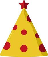 Isolated Yellow And Red Colour Dotted Party Hat Icon In Flat Style. vector