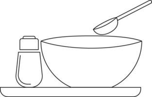 negro línea Arte cuenco con espolvorear botella y cuchara en bandeja. vector