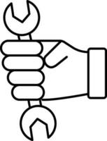 Hand holding wrench icon in line art. vector