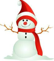 Cartoon snowman wearing santa hat with scarf. vector
