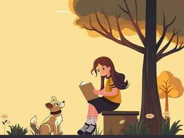 joven niña personaje leyendo un libro en de madera tocones en frente de adorable perro con naturaleza vista. vector