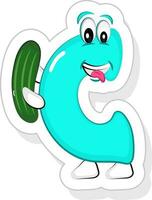 Blue C Alphabet Cartoon Character Holding Cucumber Icon In Sticker Style. vector