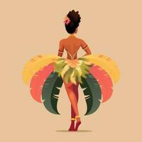 Back view of Feather Headdress Wearing Brazilian Female Character In Standing Pose. Carnival Or Samba Dance Concept. vector