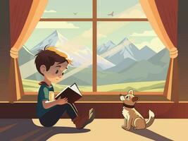 linda chico personaje leyendo un libro con adorable perro en montaña paisaje ver mediante ventana y cortina. vector