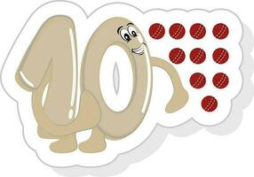 Sticker Style Cute Cartoon Number 10 With Cricket Balls Icon. vector