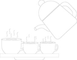 Hot tea in black line art cup on tray with kettle. vector