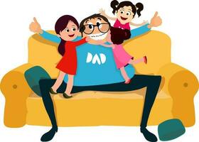 Character of father with daughters on yellow sofa. vector