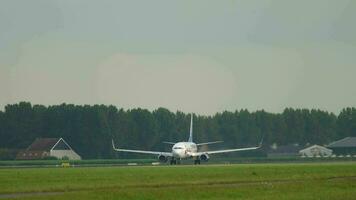 AMSTERDAM, THE NETHERLANDS JULY 24, 2017 - Travel Service Boeing 737 OK TVO Moravian Silesian region livery picks up speed before takeoff at runway 36L Polderbaan. video