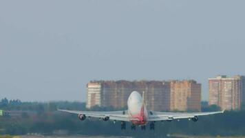 MOSCOW, RUSSIAN FEDERATION SEPTEMBER 12, 2020 - Rossiya Airlines Boeing 747 takes off from Sheremetyevo International Airport SVO. Airliner retracts landing gear after takeoff video