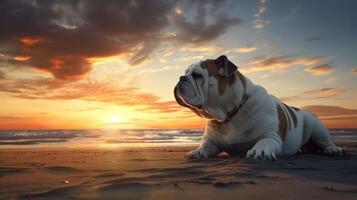 perro sentado en un playa con puesta de sol en el antecedentes. generativo ai. foto