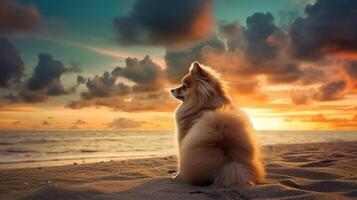 dog sitting on a beach with sunset in the background. . photo