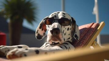 dog with sunglasses sunbathing on sun lounger. summer and vacation concepts. photo